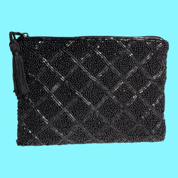 Lancome Beaded Clutch Evening Bag Zipper 4 1/2” X 6” Black - Picture 2 of 13